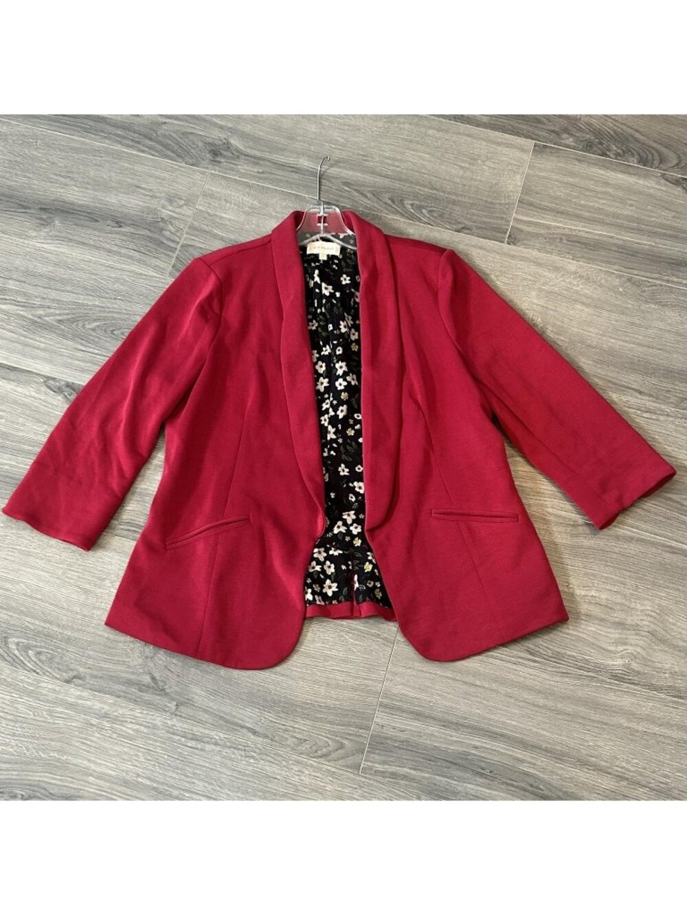 Skies Are Blue Blazer Womens L Hannah Modal Scuba Red Knit Open Front Jacket
